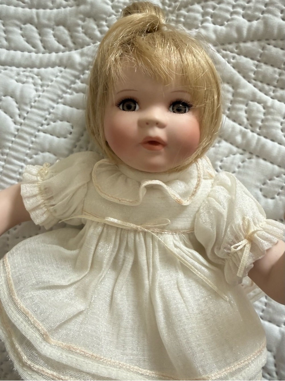 Seymour Mann Connoisseur Doll Collection Porcelain Baby Doll in Cream Dress